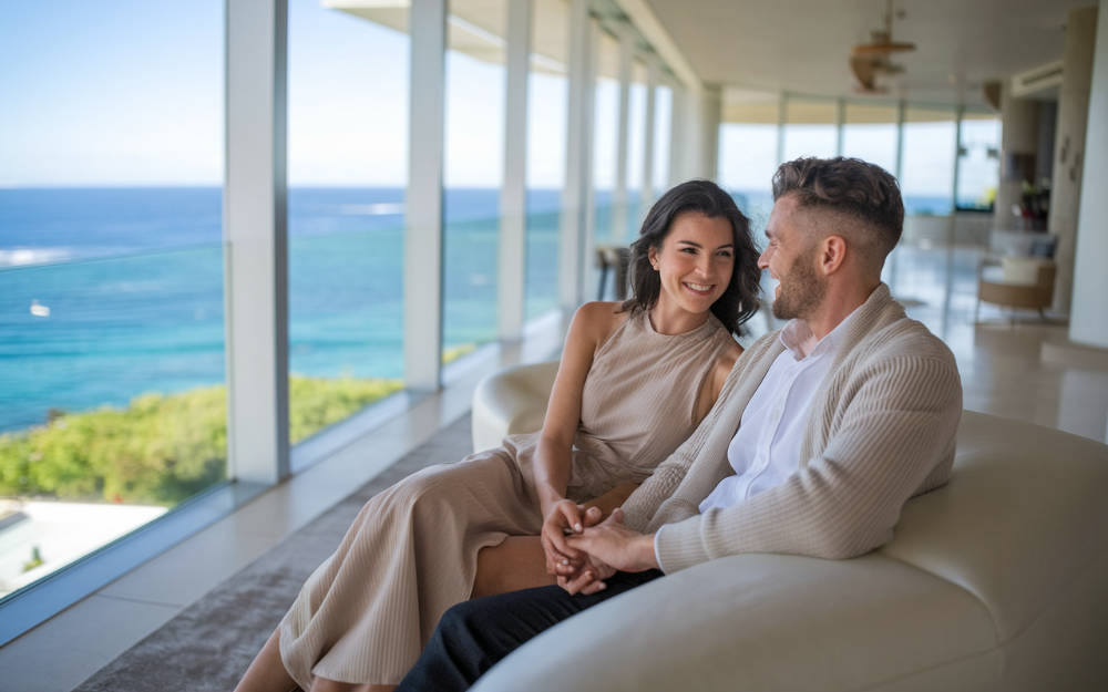 A photo of a couple enjoying their honeymoon in Santorini, Greece. The couple is sitting on a white couch in a modern, spacious room with floor-to-ceiling windows offering a view of the ocean. The woman is wearing a beige dress, and the man is wearing a white shirt and a beige cardigan. They are holding hands and smiling. The background is blurred, showing the ocean view and the room's interior.