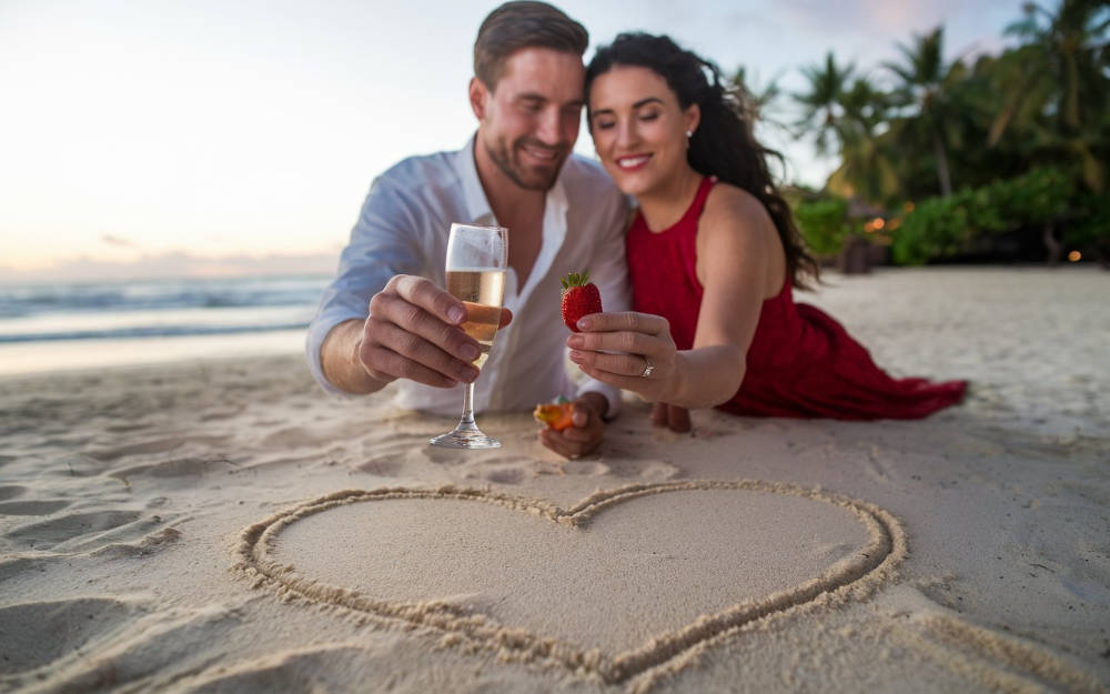 A high-quality close-up shot of a couple enjoying their luxury honeymoon in Tuscany Italy. The man is wearing a white shirt and the woman is wearing a red dress. They are standing on the beach at sunset. The man is holding a glass of champagne and the woman is holding a strawberry. There is a heart drawn in the sand in front of them. The background contains the ocean and some palm trees.