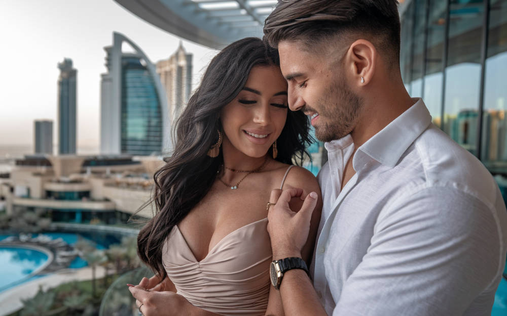 A high-quality close-up shot of a couple enjoying their luxury honeymoon in Dubai. The man is wearing a white shirt and the woman is wearing a beige dress. They are standing on a balcony with a view of the city. The background reveals the modern architecture of Dubai, including skyscrapers and a hotel.