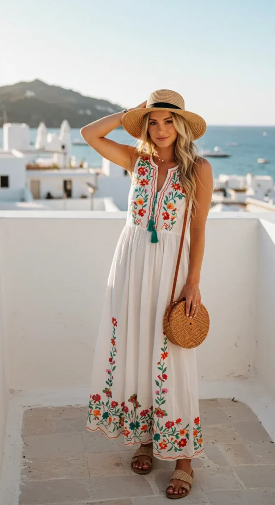 An embroidered maxi dress adds a touch of artisanal beauty to your honeymoon wardrobe. The delicate embroidery details make it unique, while the breathable fabric keeps you comfortable. Choose a dress with floral or geometric embroidery for a boho-chic aesthetic. This style pairs well with woven sandals, hoop earrings, and a rattan bag. 