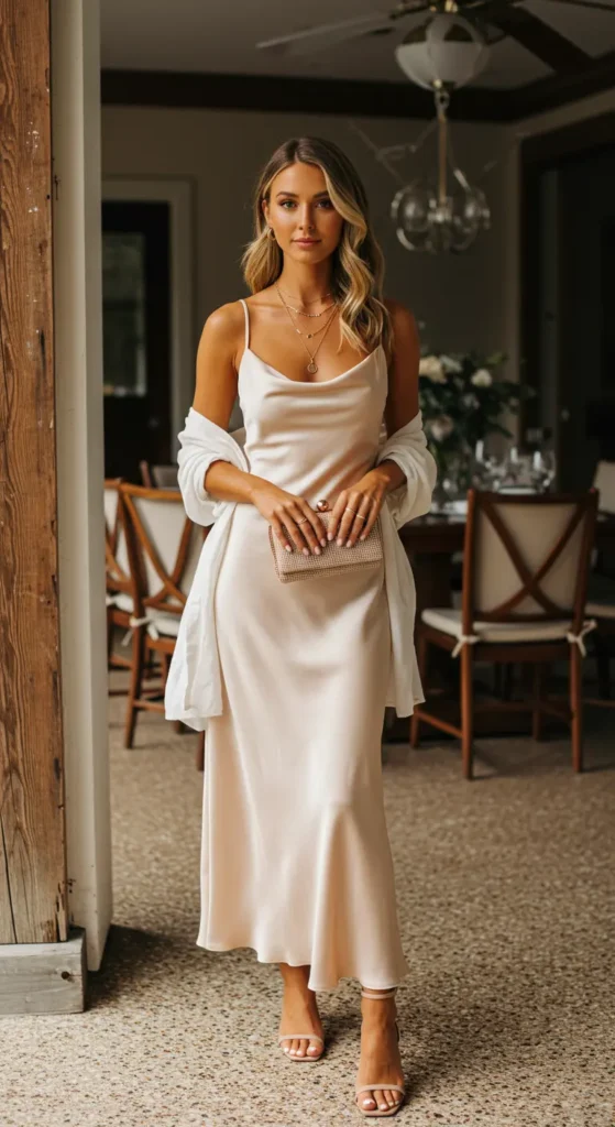 A satin slip maxi dress is the definition of effortless glamour. The silky, lightweight fabric drapes beautifully over the body, giving an elegant yet relaxed feel. This dress is perfect for a special honeymoon dinner or an evening under the stars. 