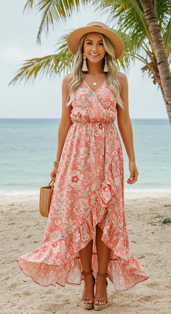 A ruffled hem maxi dress brings playful charm to your honeymoon wardrobe. The added ruffles create a soft, flirty movement that enhances the overall elegance of the dress. Opt for bright colors or floral prints for a fun and romantic vibe. 