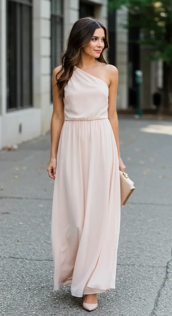 A one-shoulder maxi dress is a modern and stylish option for honeymoon outfits. The asymmetrical neckline adds an element of intrigue while keeping things elegant. Choose a flowy fabric like silk, chiffon, or jersey for a soft, graceful look. 