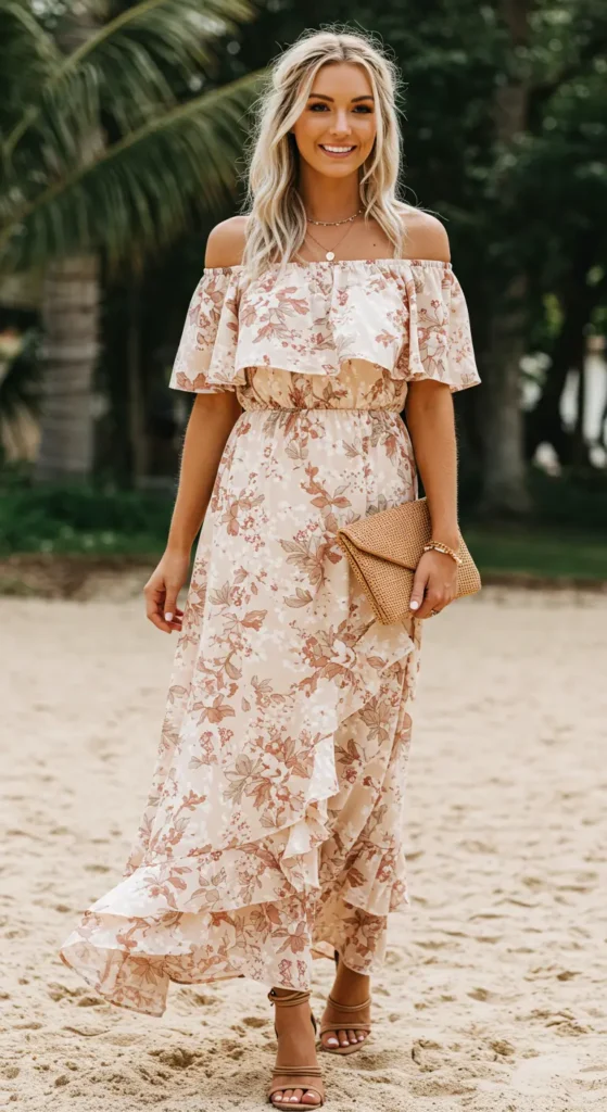 An off-shoulder ruffled maxi dress is a romantic and feminine choice for your honeymoon. The exposed shoulders add a touch of allure, while the cascading ruffles create an elegant flow as you walk. This dress is perfect for sipping cocktails by the beach or enjoying a candlelit dinner under the stars.