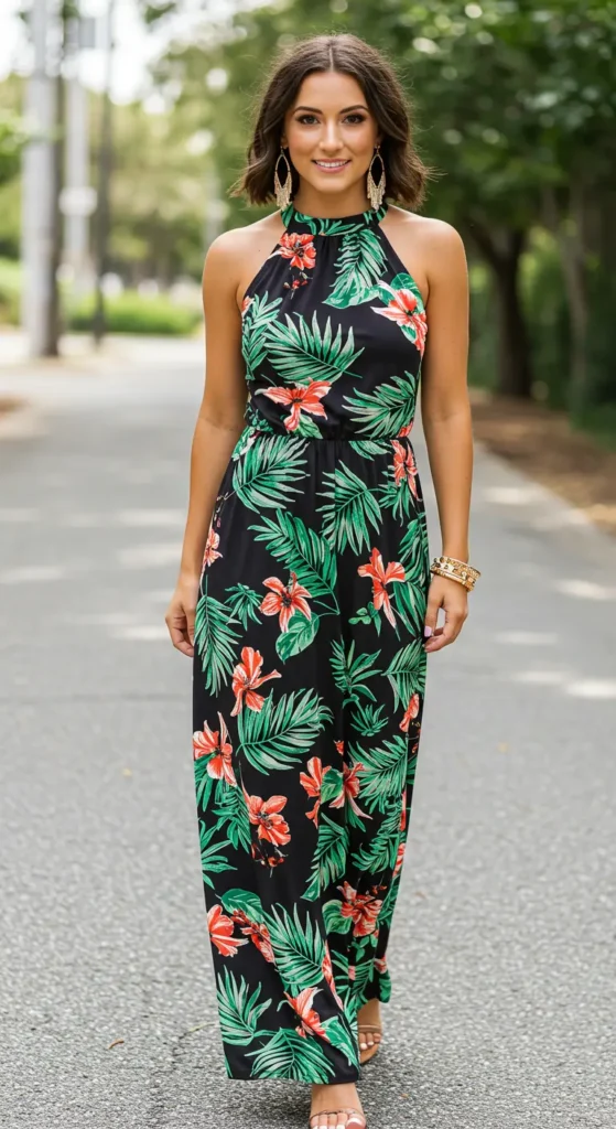 A halter neck maxi dress is a flattering option that highlights your shoulders and neckline while offering a sleek and sophisticated silhouette. The high neckline elongates your figure, making it a great choice for petite and tall women alike.