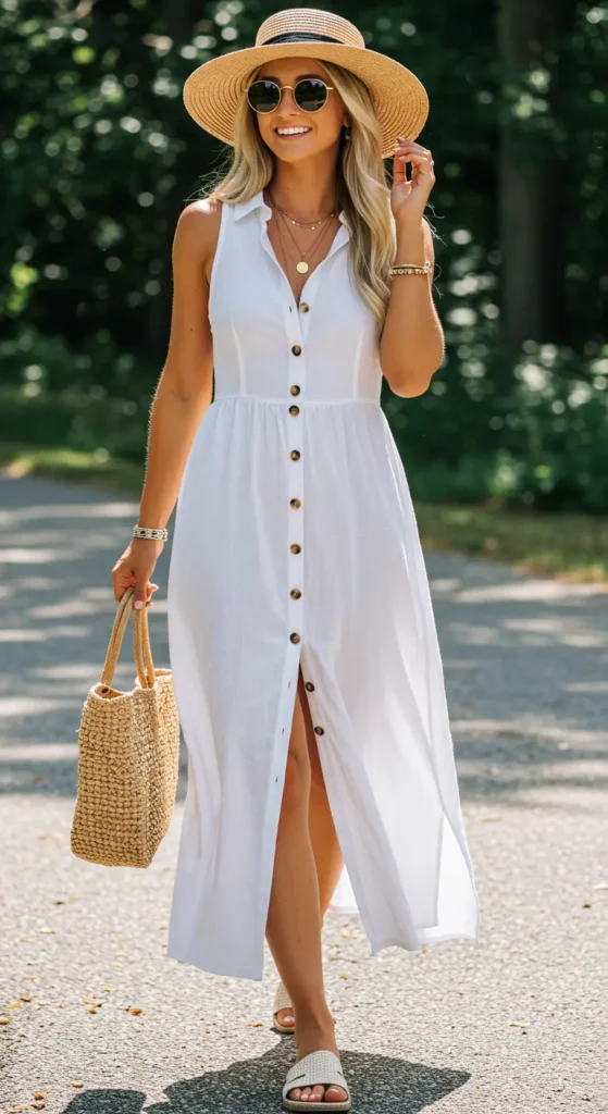 A button-down maxi dress is a stylish and practical option, perfect for casual honeymoon outings. The front buttons add a touch of detail, allowing you to adjust the neckline and slit as desired. This dress works well as a daytime outfit or a swimsuit cover-up. 